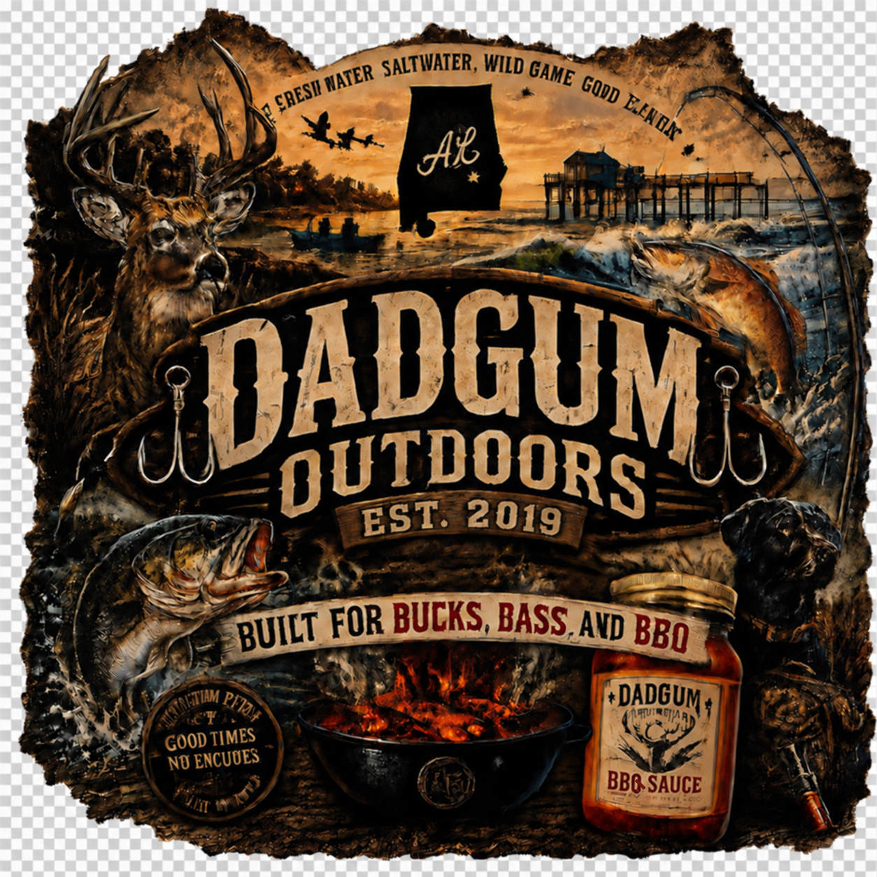 Dadgum Outdoors Alabama artwork featuring a whitetail buck, freshwater and saltwater fishing, wild game, barbecue and bro sauce