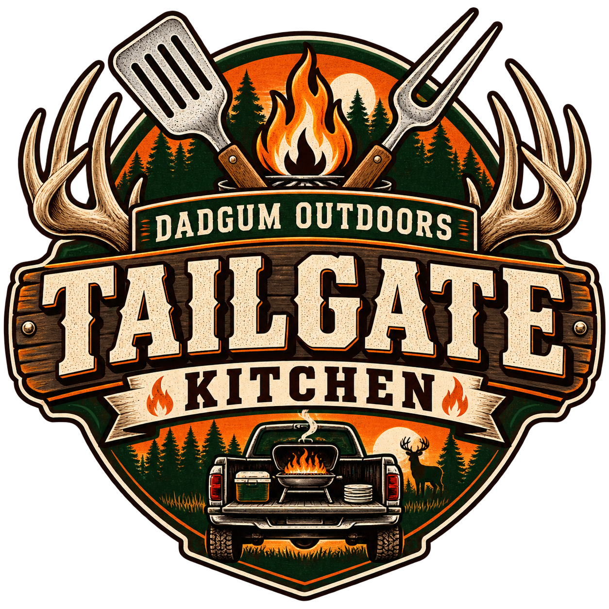 Dadgum Outdoors Tailgate Kitchen logo with antlers, grilling tools, fire and a pickup-tailgate cookout
