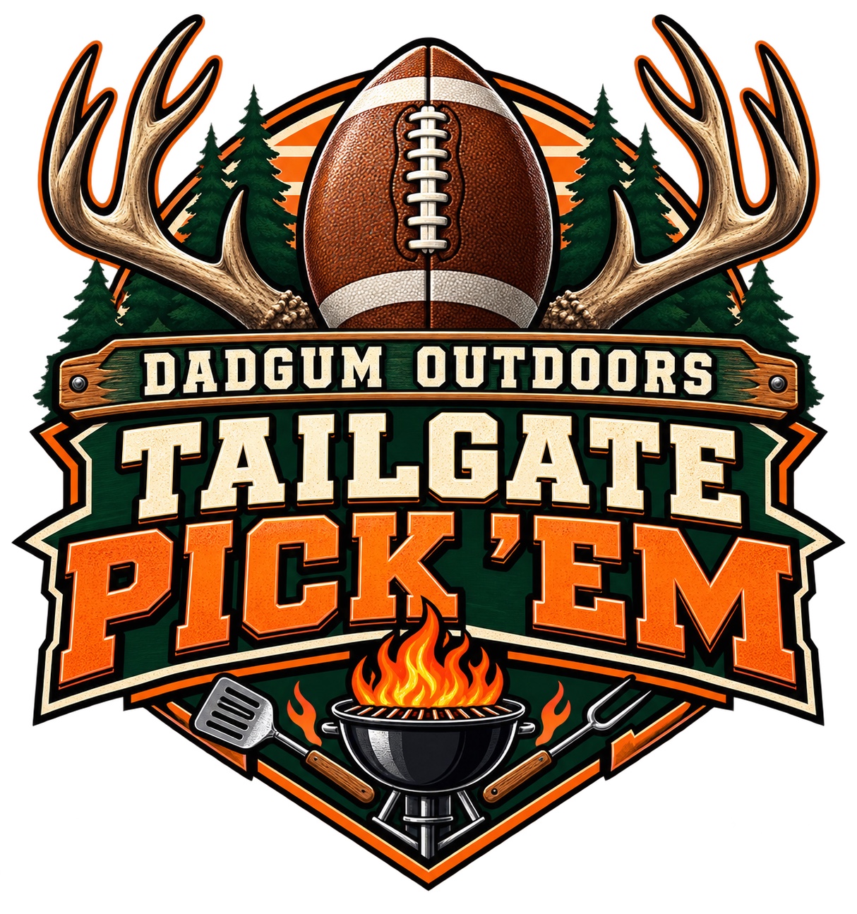 Dadgum Outdoors Tailgate Pick ’Em logo with football, antlers, pine trees and grill